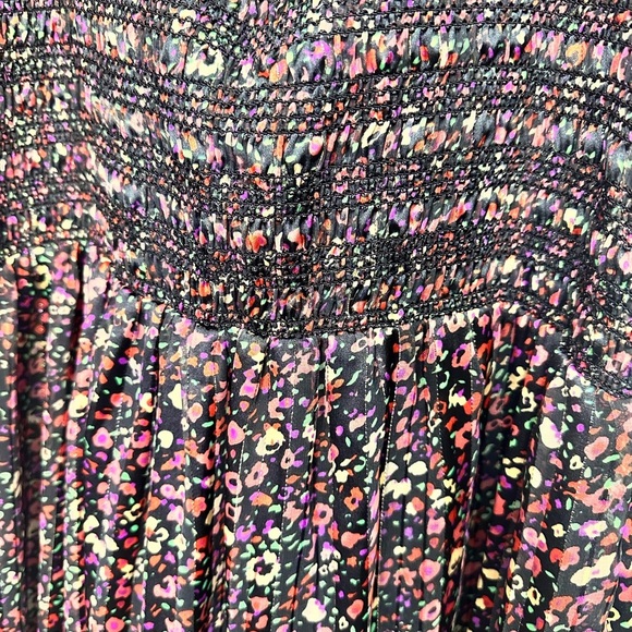 NWT Dex Tinsley Smocked BOHO Black Pink Gold Midi Dress Sheer Puff Sleeves, sz X - Picture 11 of 11